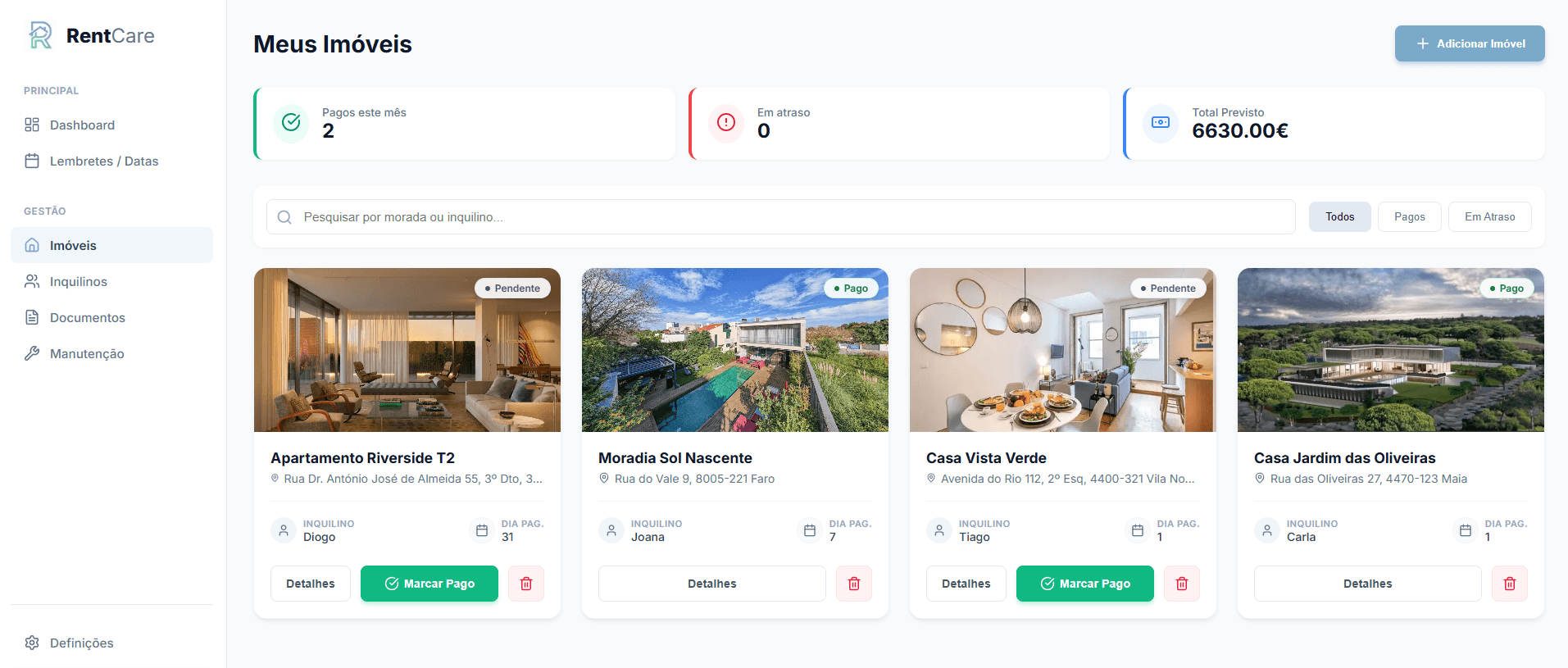 Dashboard RentCare - resumo de imóveis, rendimentos e próximos pagamentos